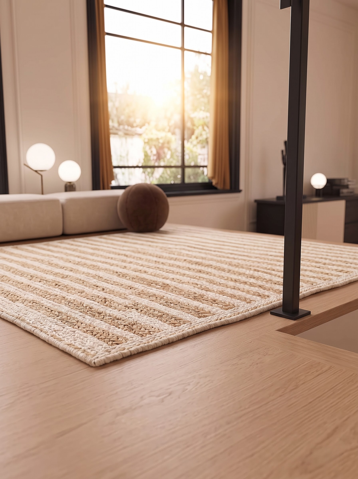 Braided Jute Stair Treads, Ivory Stripe Step Mats with Non-Slip Pads (Set of 4-15)
