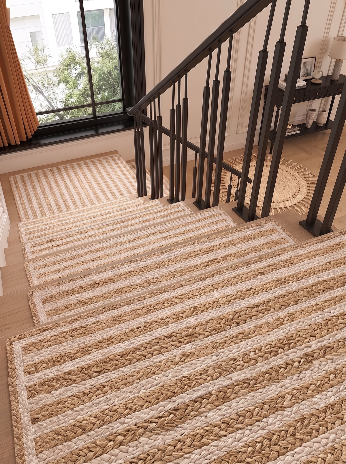 Braided Jute Stair Treads, Ivory Stripe Step Mats with Non-Slip Pads (Set of 4-15)