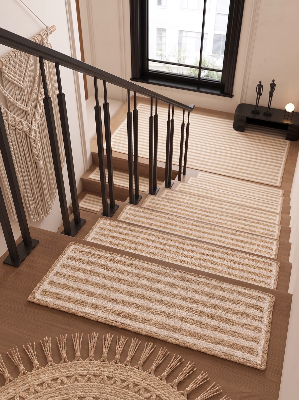 Braided Jute Stair Treads, Ivory Stripe Step Mats with Non-Slip Pads (Set of 4-15)