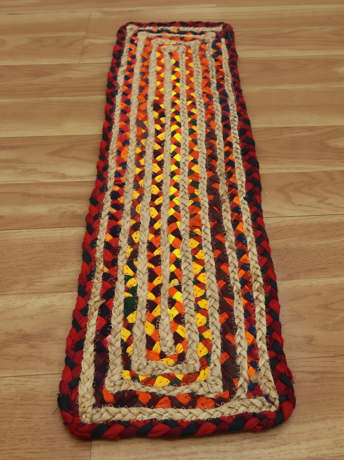 Handmade Braided Jute Stair Treads, Multicolor Geometric Stair Mats, Set of 15