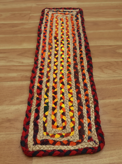 Handmade Braided Jute Stair Treads, Multicolor Geometric Stair Mats, Set of 15