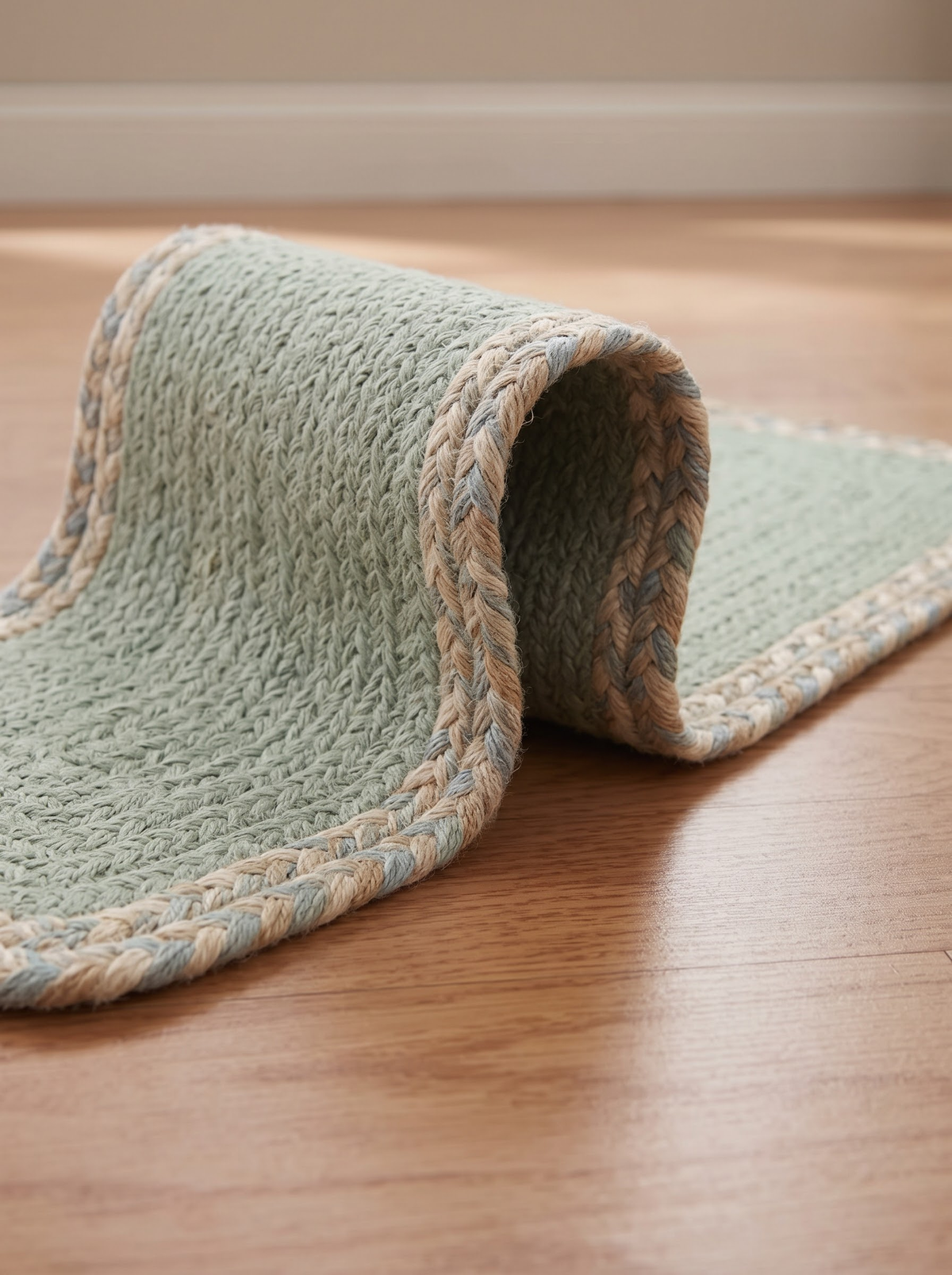 Handmade Eucalyptus Green Stair Treads, Braided Design with Tweed Border, Japandi Decor