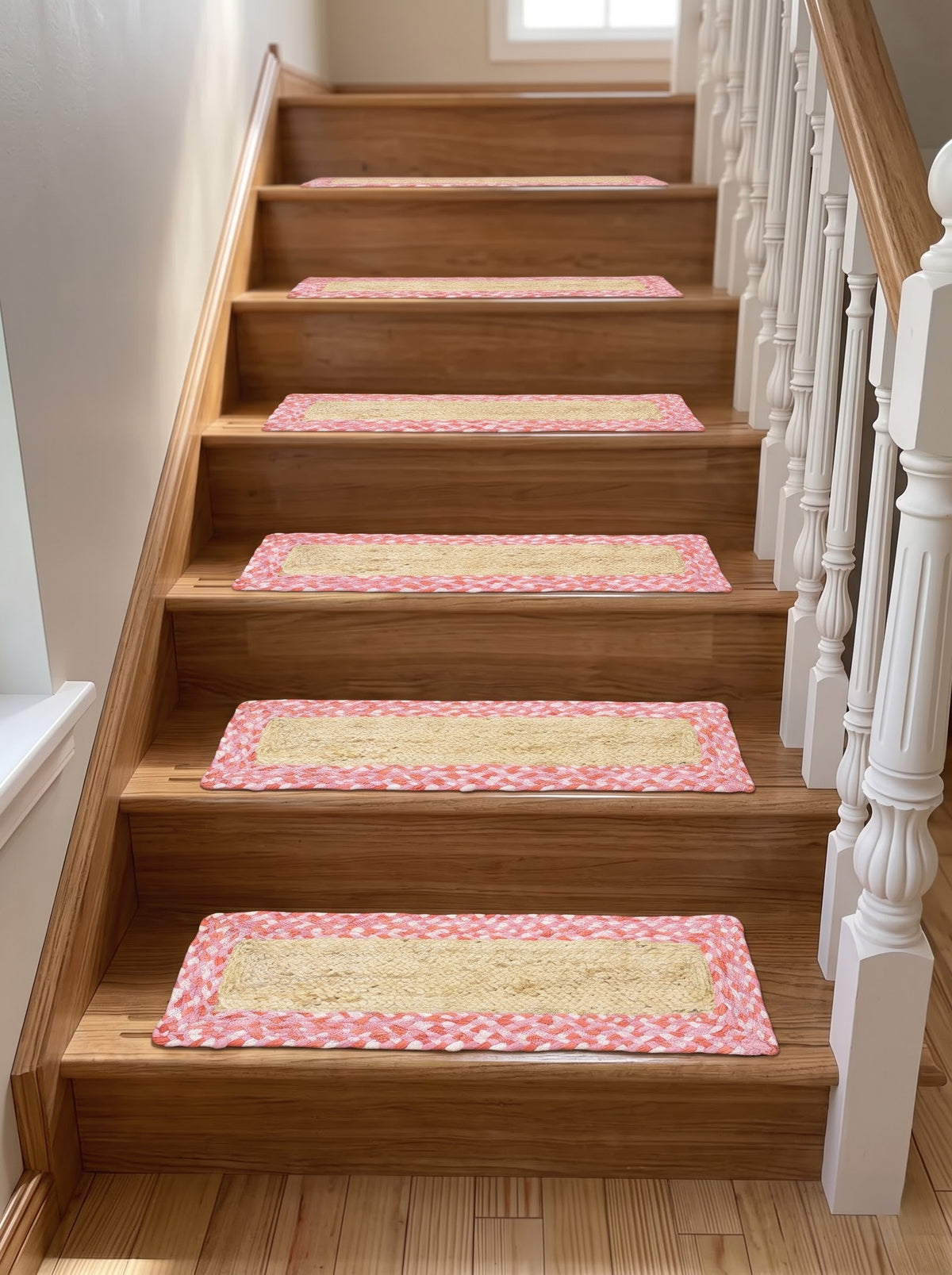 Pink Chindi Cotton Border Jute Stair Treads – Braided Modern Step Mats