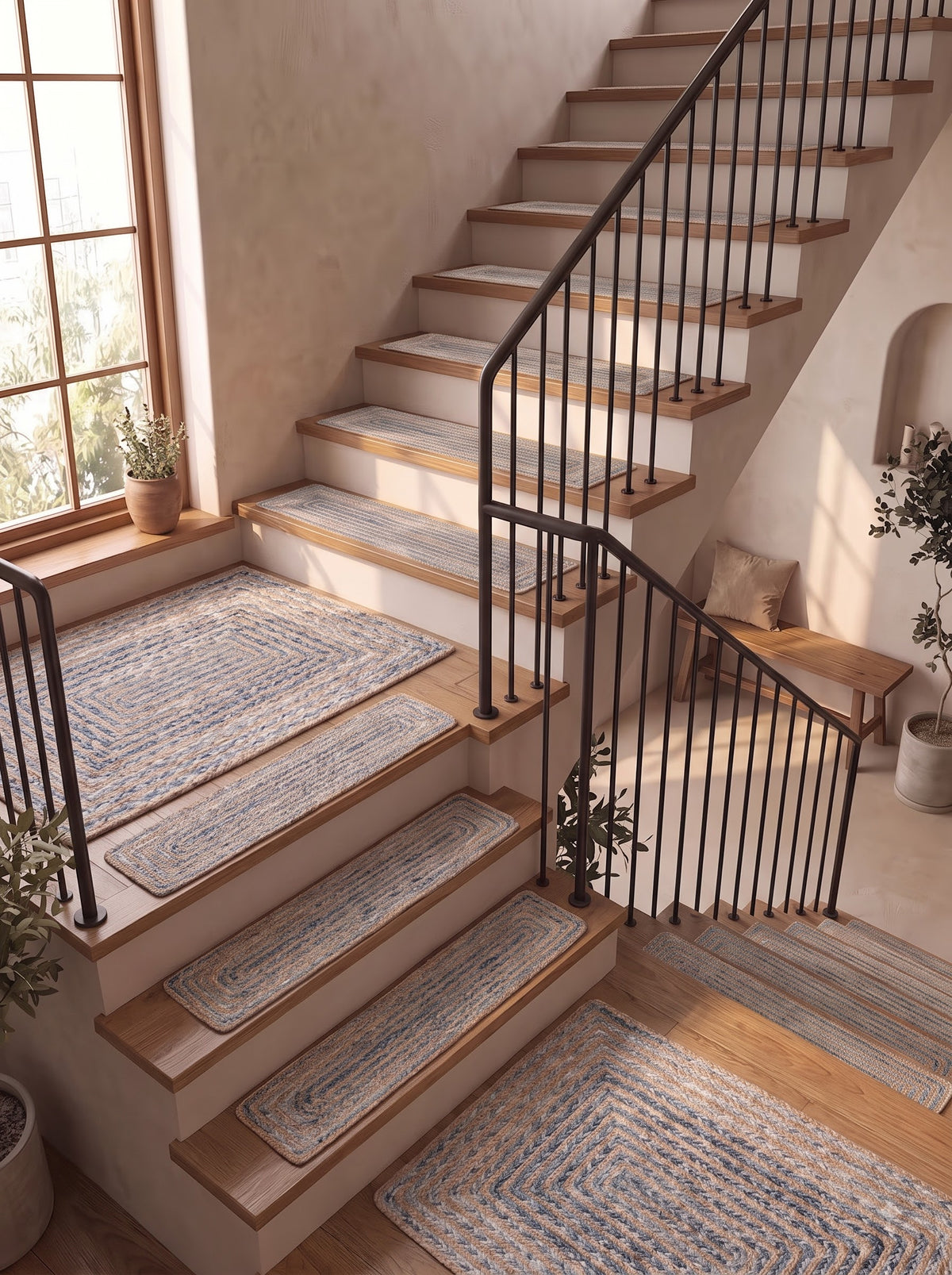 Handmade Jute Stair Treads Blue Cotton Racetrack Pattern Step Rugs Set