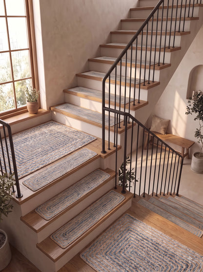 Handmade Jute Stair Treads Blue Cotton Racetrack Pattern Step Rugs Set
