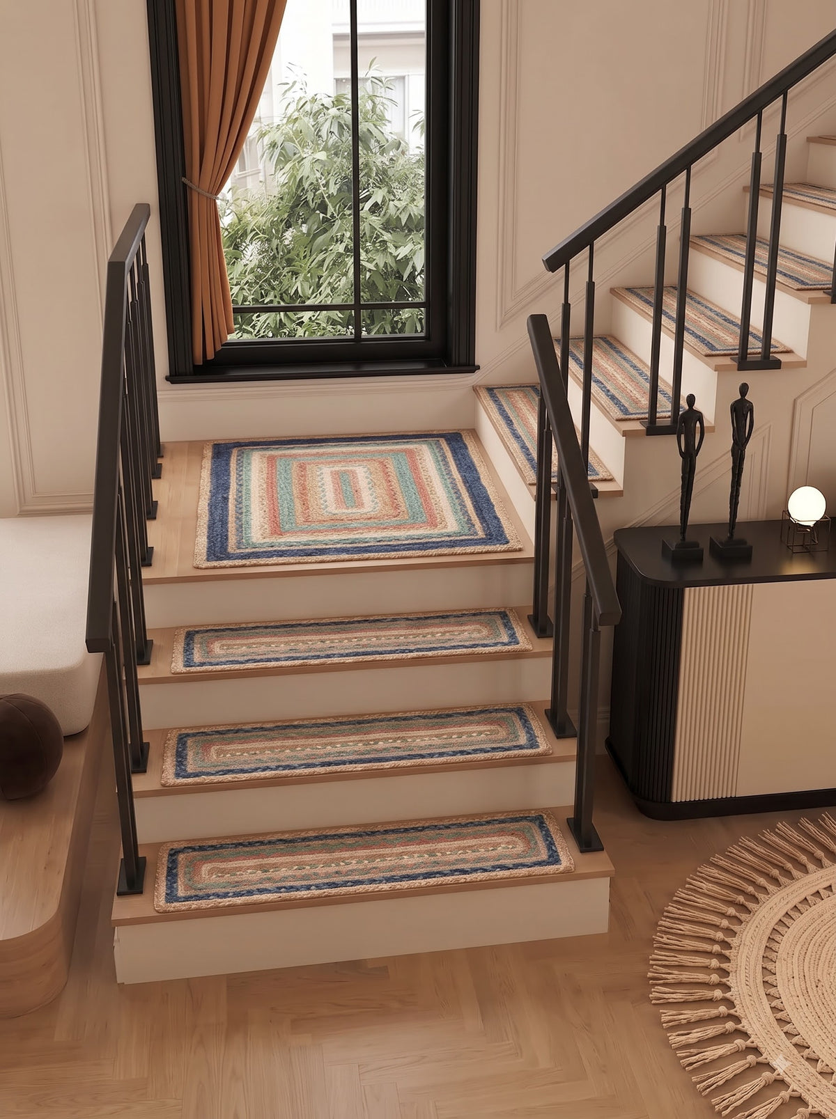 Handmade Jute Braided Stair Treads Multicolor Boho Farmhouse Step Rugs