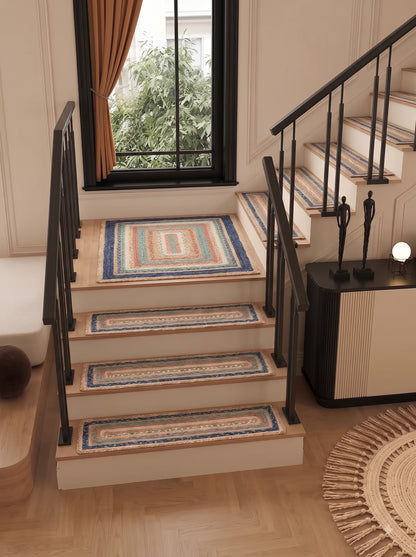 Handmade Jute Braided Stair Treads Multicolor Boho Farmhouse Step Rugs