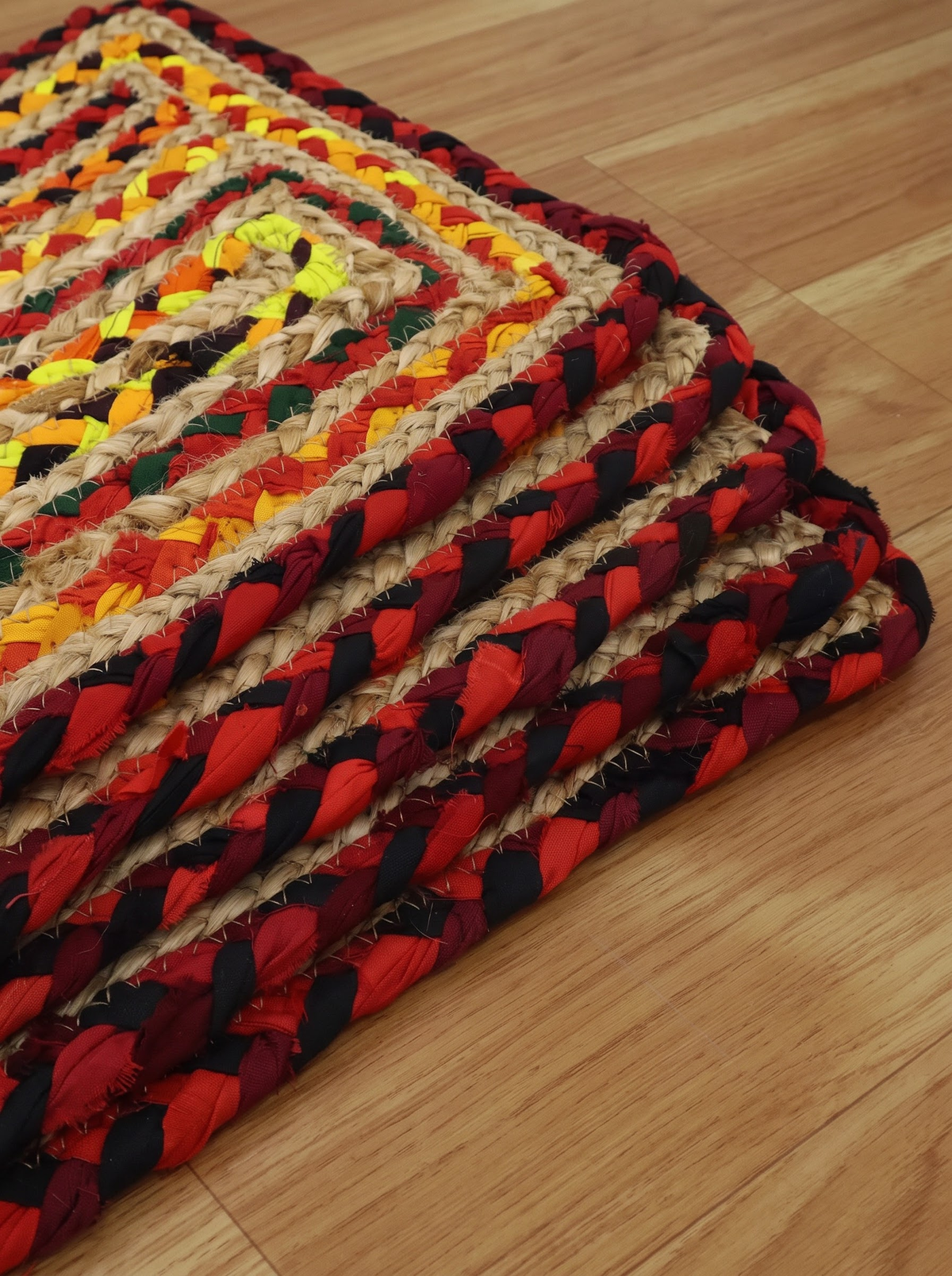 Handmade Braided Jute Stair Treads, Multicolor Geometric Stair Mats, Set of 15