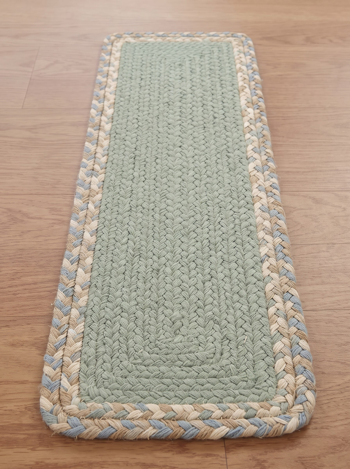 Handmade Eucalyptus Green Stair Treads, Braided Design with Tweed Border, Japandi Decor