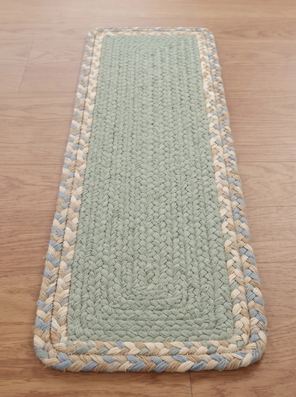 Handmade Eucalyptus Green Stair Treads, Braided Design with Tweed Border, Japandi Decor