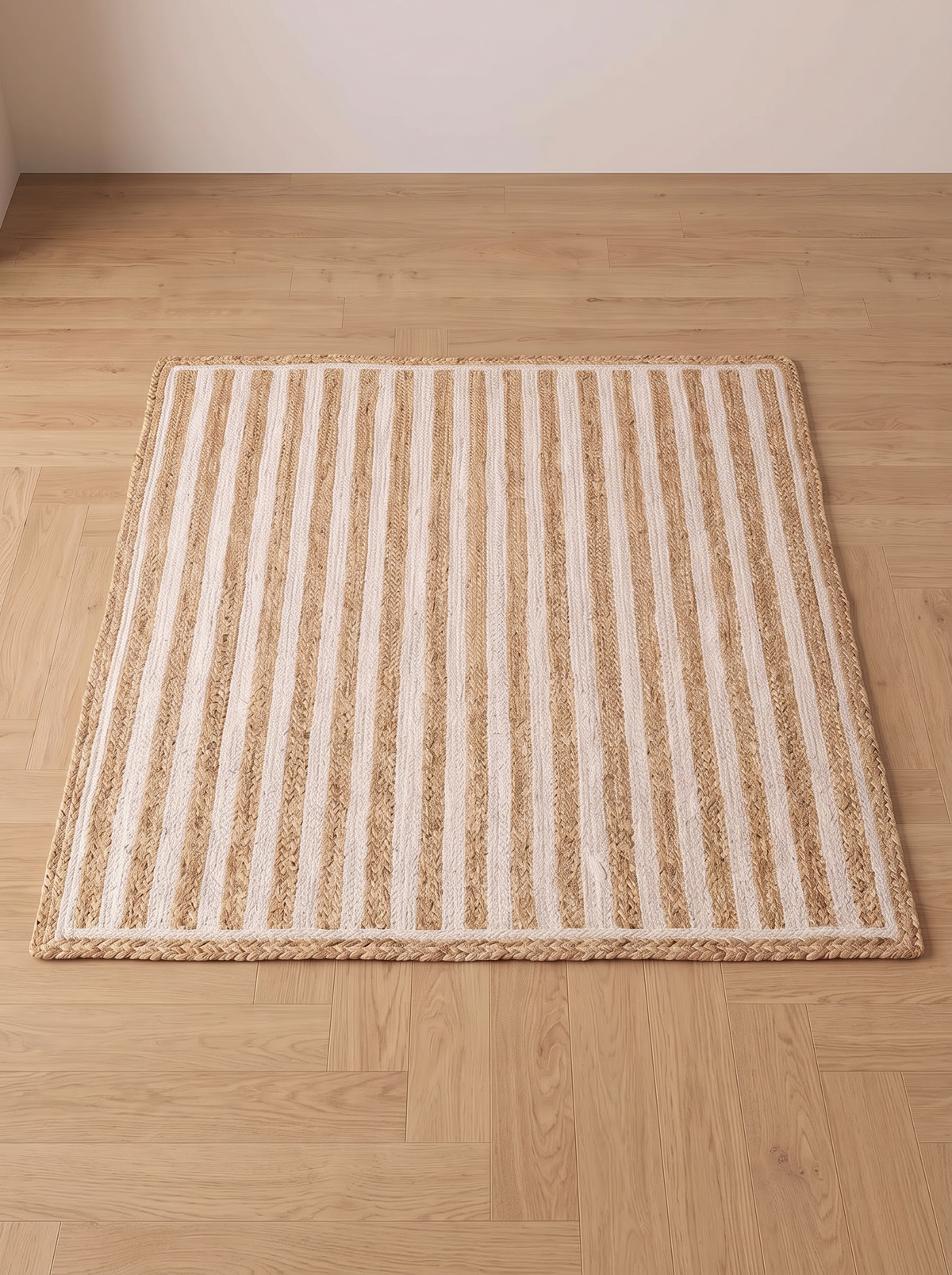 Braided Jute Stair Treads, Ivory Stripe Step Mats with Non-Slip Pads (Set of 4-15)