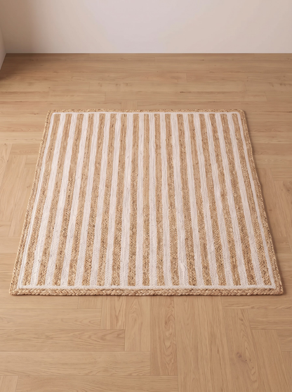 Braided Jute Stair Treads, Ivory Stripe Step Mats with Non-Slip Pads (Set of 4-15)