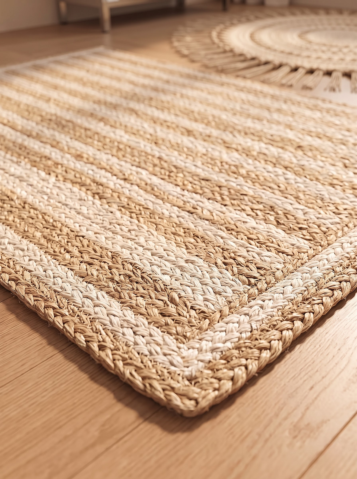 Braided Jute Stair Treads, Ivory Stripe Step Mats with Non-Slip Pads (Set of 4-15)