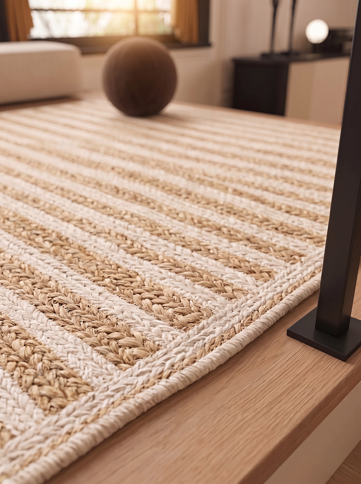 Braided Jute Stair Treads, Ivory Stripe Step Mats with Non-Slip Pads (Set of 4-15)
