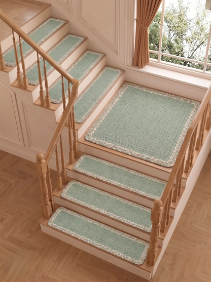 Handmade Eucalyptus Green Stair Treads, Braided Design with Tweed Border, Japandi Decor