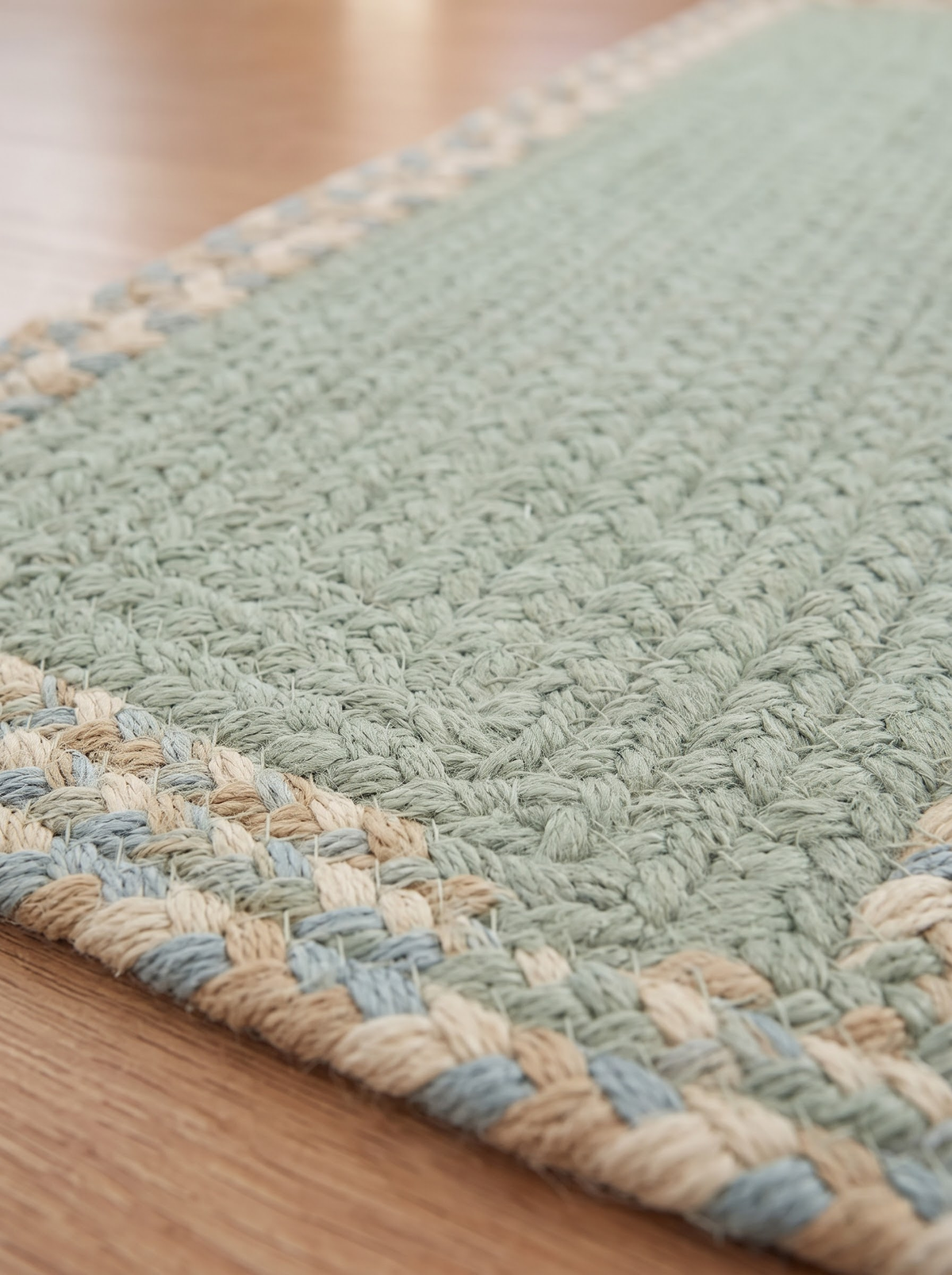 Handmade Eucalyptus Green Stair Treads, Braided Design with Tweed Border, Japandi Decor