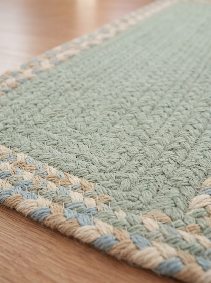 Handmade Eucalyptus Green Stair Treads, Braided Design with Tweed Border, Japandi Decor