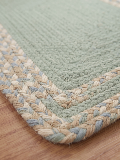 Handmade Eucalyptus Green Stair Treads, Braided Design with Tweed Border, Japandi Decor