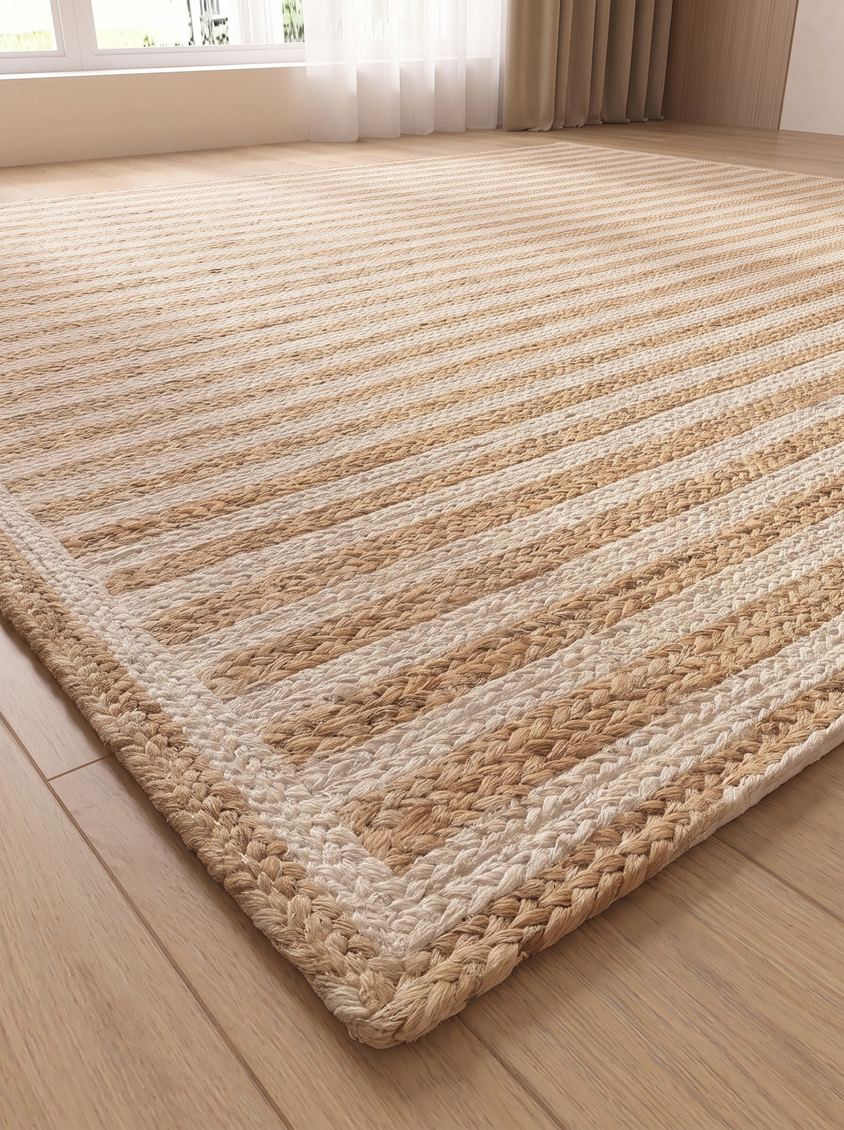 Braided Jute Stair Treads, Ivory Stripe Step Mats with Non-Slip Pads (Set of 4-15)