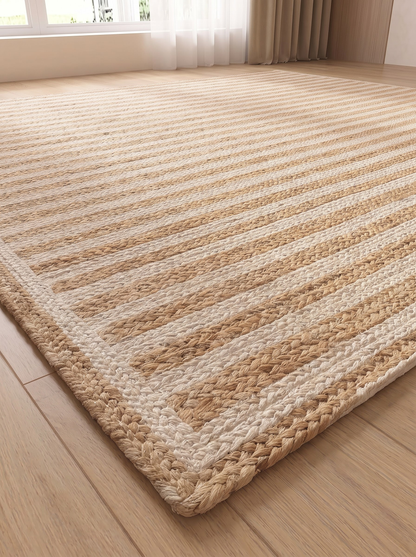 Braided Jute Stair Treads, Ivory Stripe Step Mats with Non-Slip Pads (Set of 4-15)