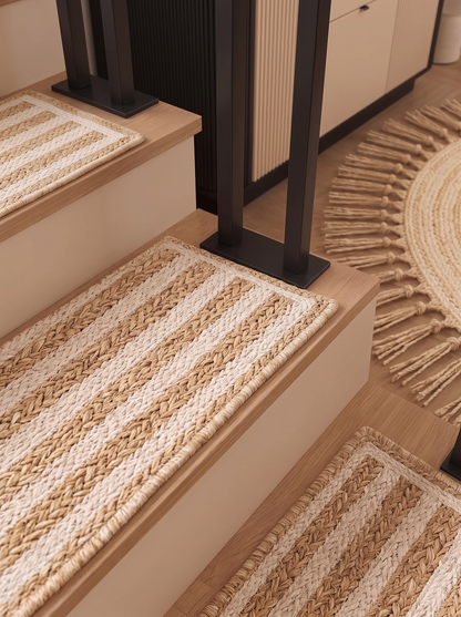 Braided Jute Stair Treads, Ivory Stripe Step Mats with Non-Slip Pads (Set of 4-15)