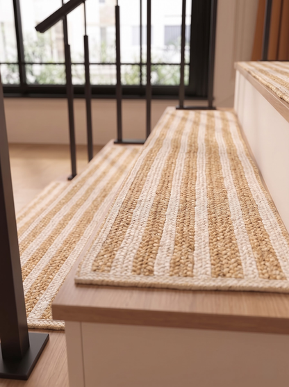 Braided Jute Stair Treads, Ivory Stripe Step Mats with Non-Slip Pads (Set of 4-15)