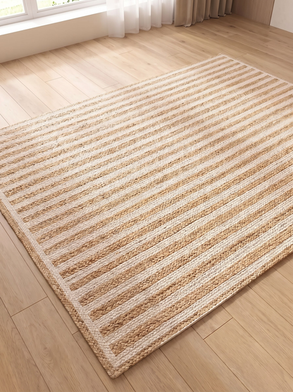 Braided Jute Stair Treads, Ivory Stripe Step Mats with Non-Slip Pads (Set of 4-15)
