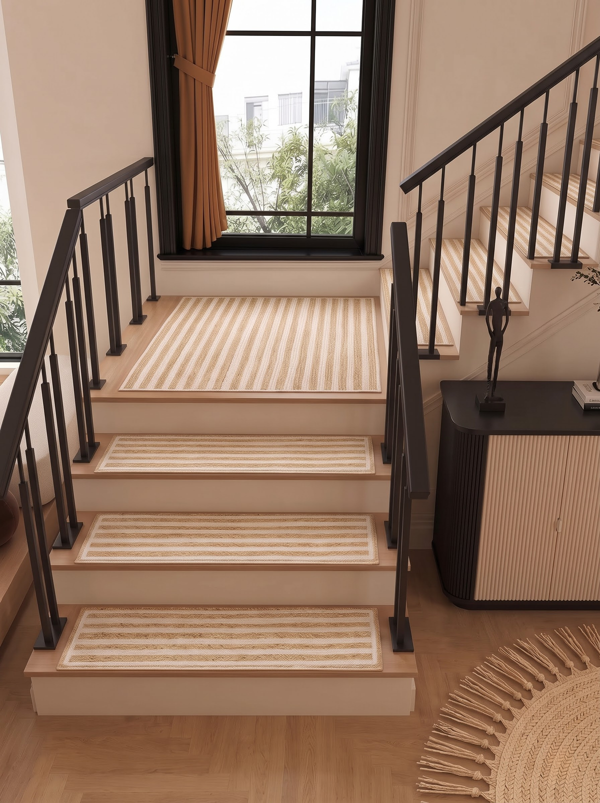 Braided Jute Stair Treads, Ivory Stripe Step Mats with Non-Slip Pads (Set of 4-15)