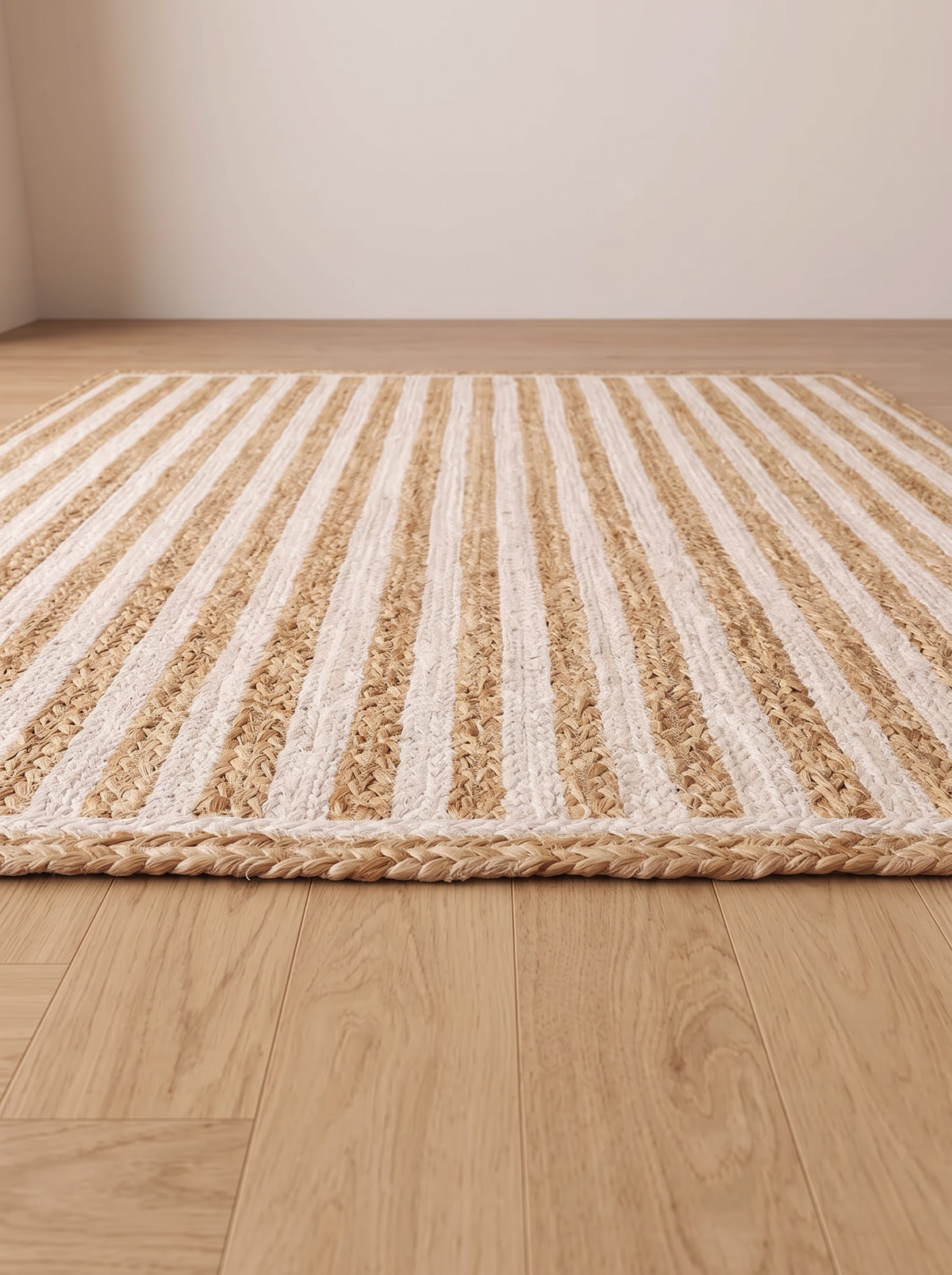 Braided Jute Stair Treads, Ivory Stripe Step Mats with Non-Slip Pads (Set of 4-15)
