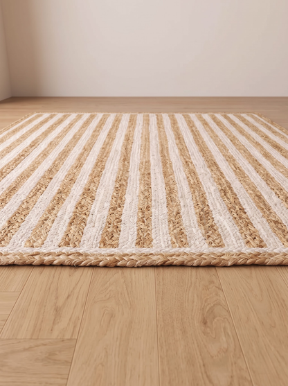 Braided Jute Stair Treads, Ivory Stripe Step Mats with Non-Slip Pads (Set of 4-15)