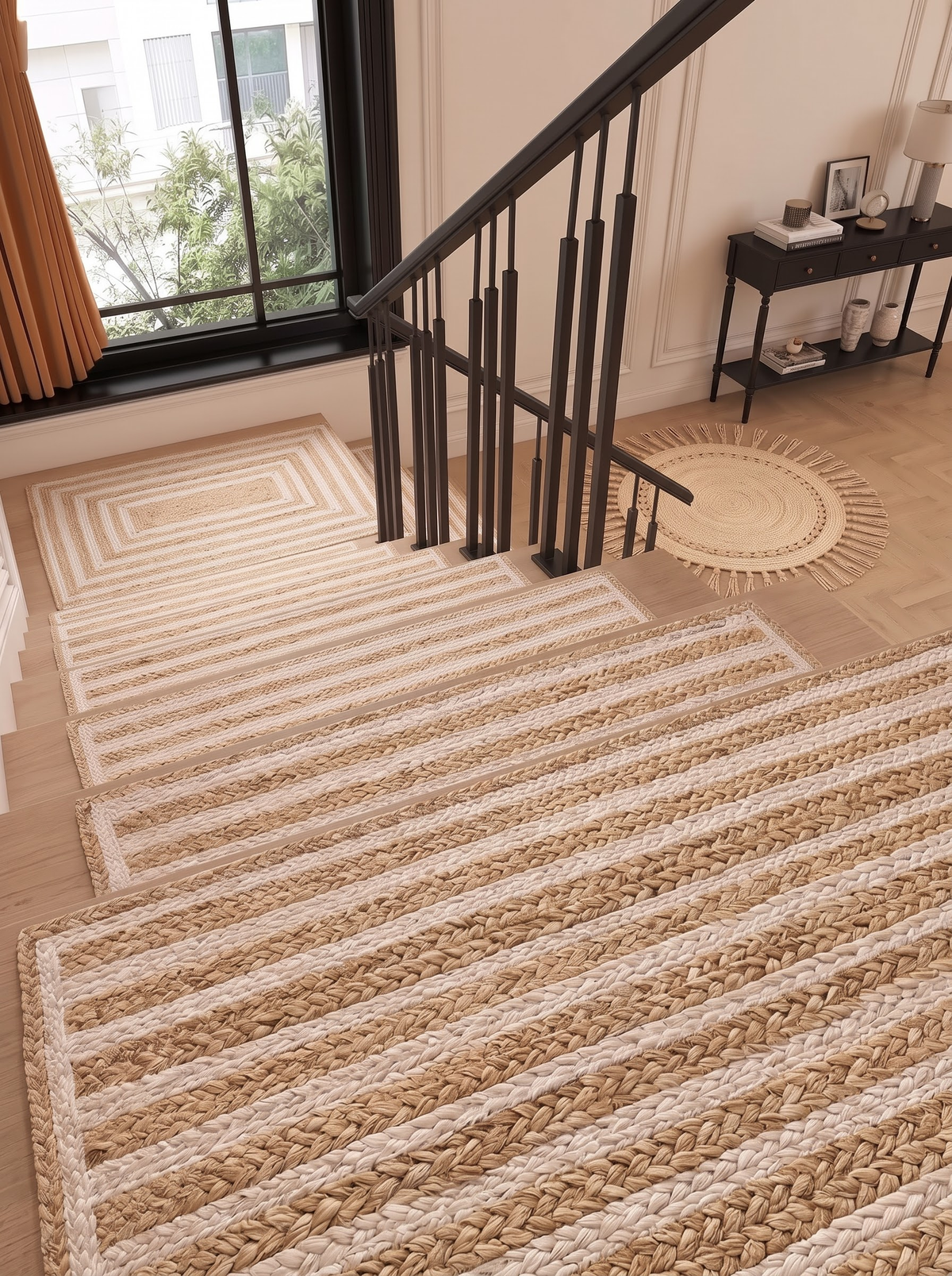Braided Jute Stair Treads, Ivory Stripe Step Mats with Non-Slip Pads (Set of 4-15)