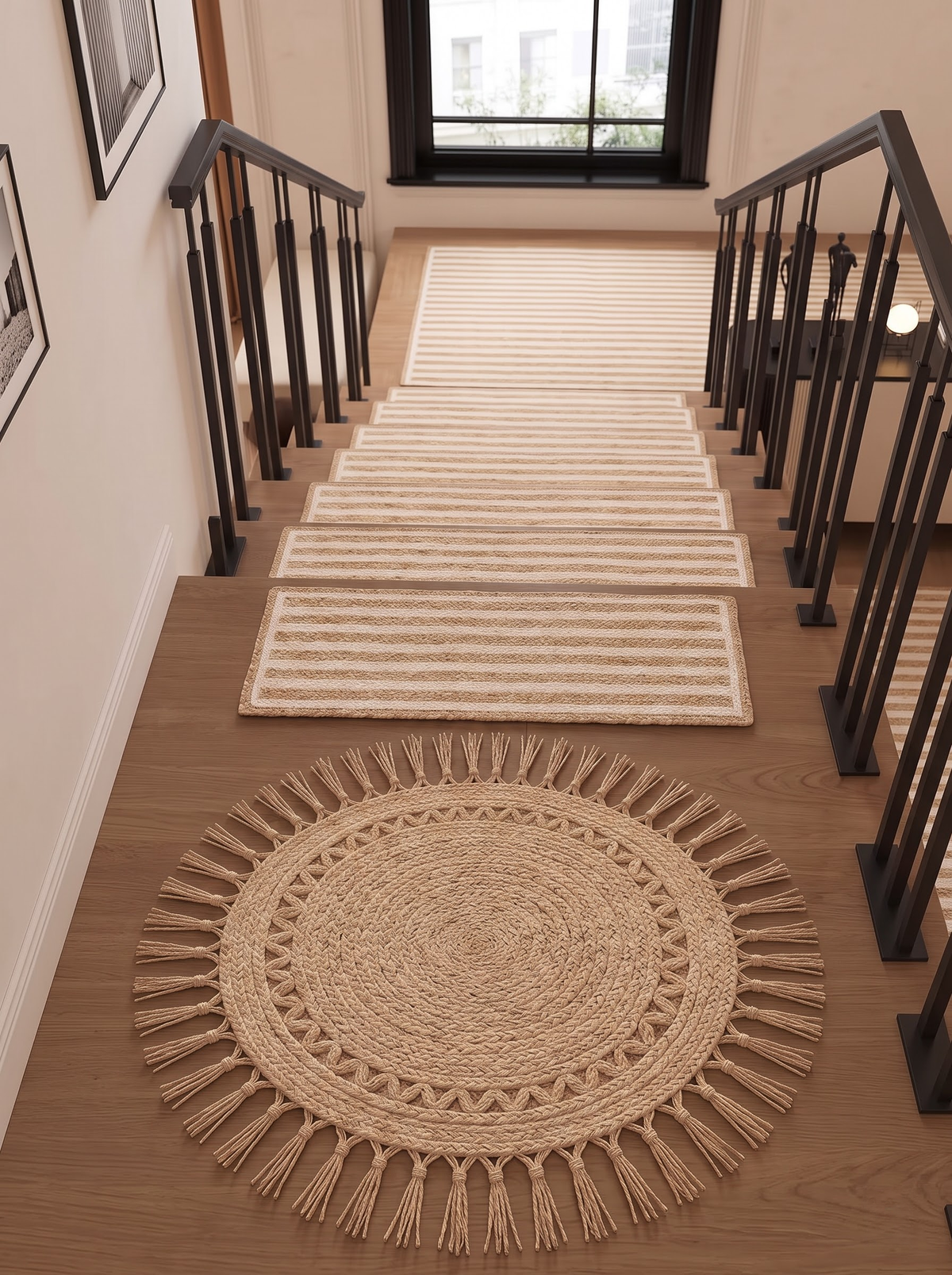 Braided Jute Stair Treads, Ivory Stripe Step Mats with Non-Slip Pads (Set of 4-15)