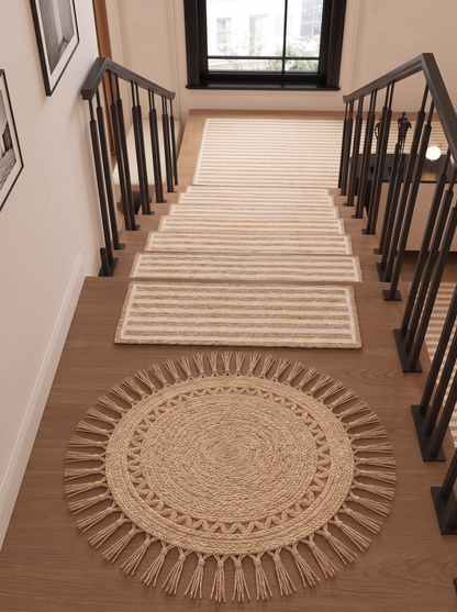 Braided Jute Stair Treads, Ivory Stripe Step Mats with Non-Slip Pads (Set of 4-15)