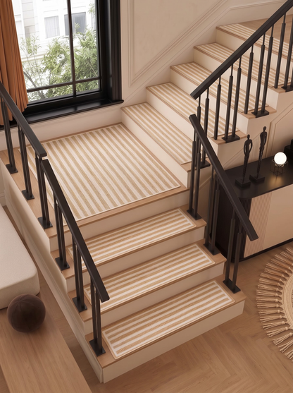 Braided Jute Stair Treads, Ivory Stripe Step Mats with Non-Slip Pads (Set of 4-15)
