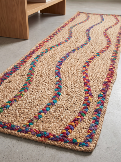 Braided Handmade Stair Treads, Multicolor Squiggle Pattern, Boho Staircase Mats (Set)