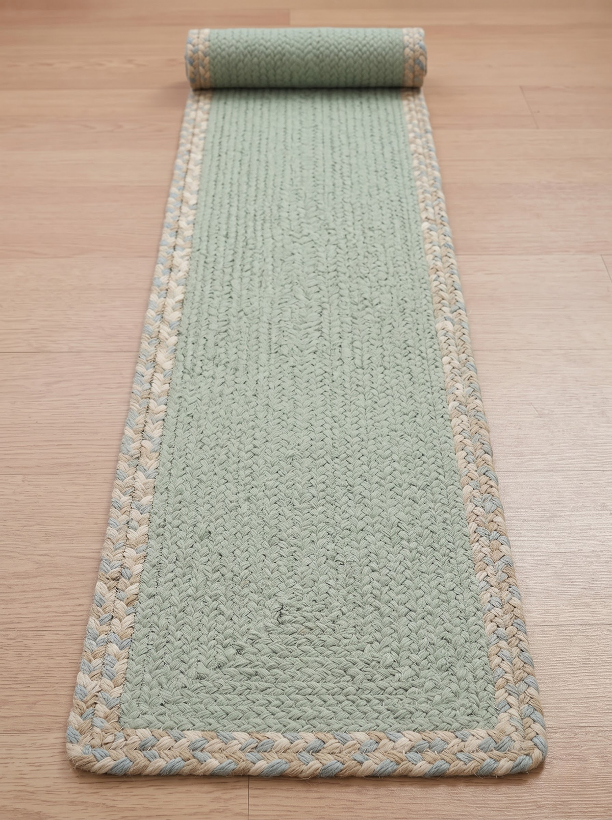Handmade Eucalyptus Green Stair Treads, Braided Design with Tweed Border, Japandi Decor