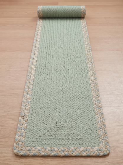 Handmade Eucalyptus Green Stair Treads, Braided Design with Tweed Border, Japandi Decor