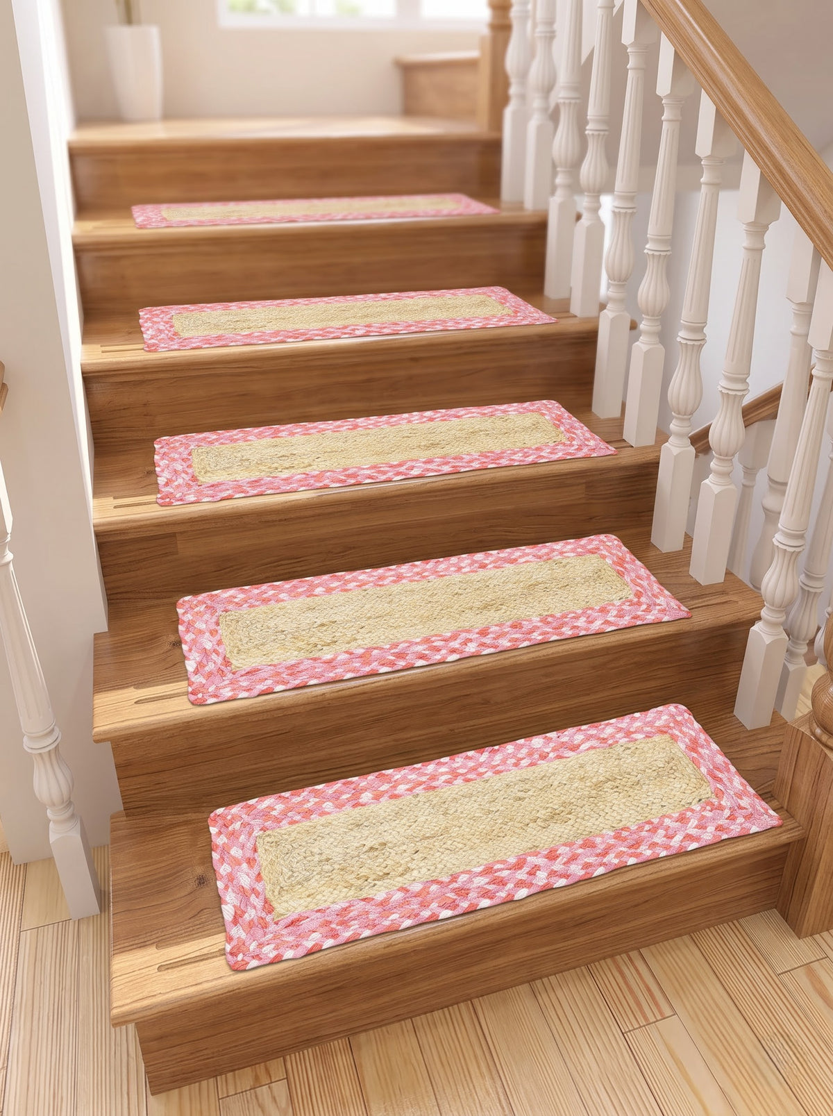 Pink Chindi Cotton Border Jute Stair Treads – Braided Modern Step Mats