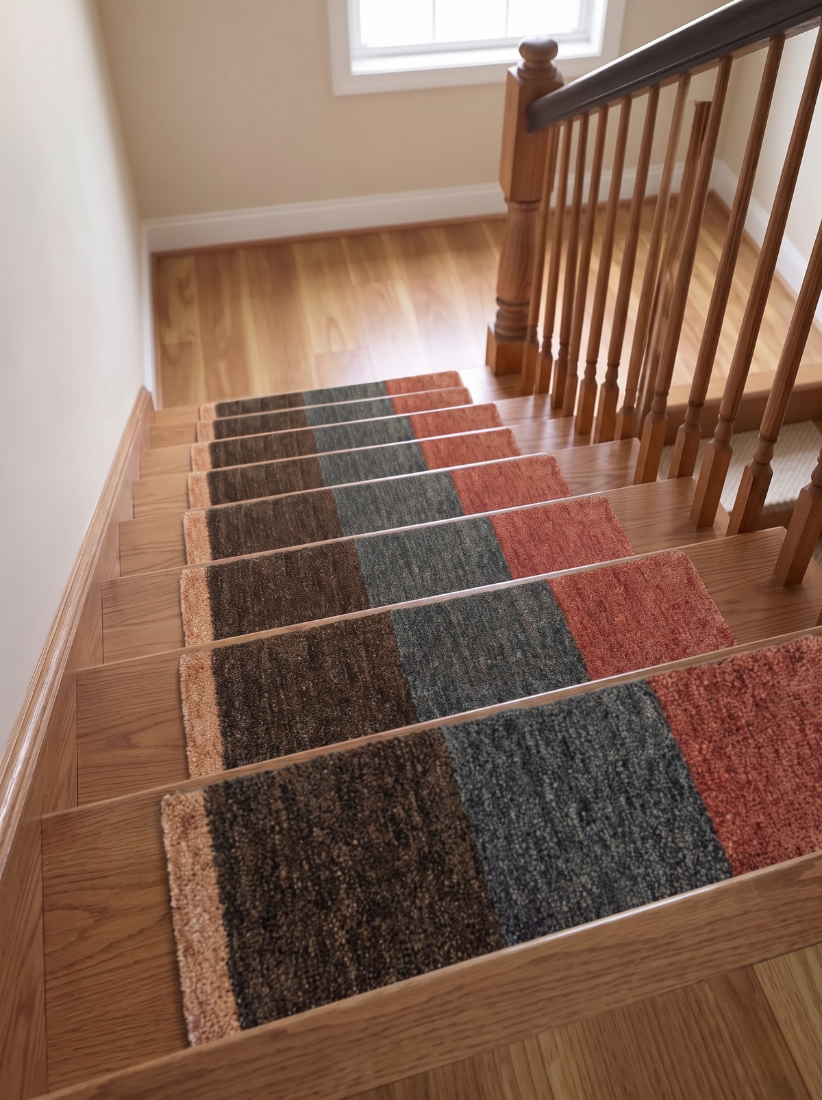 Handwoven Wool Stair Step Mats, Deep Pile Design, Boho Clay Cocoa & Graphite