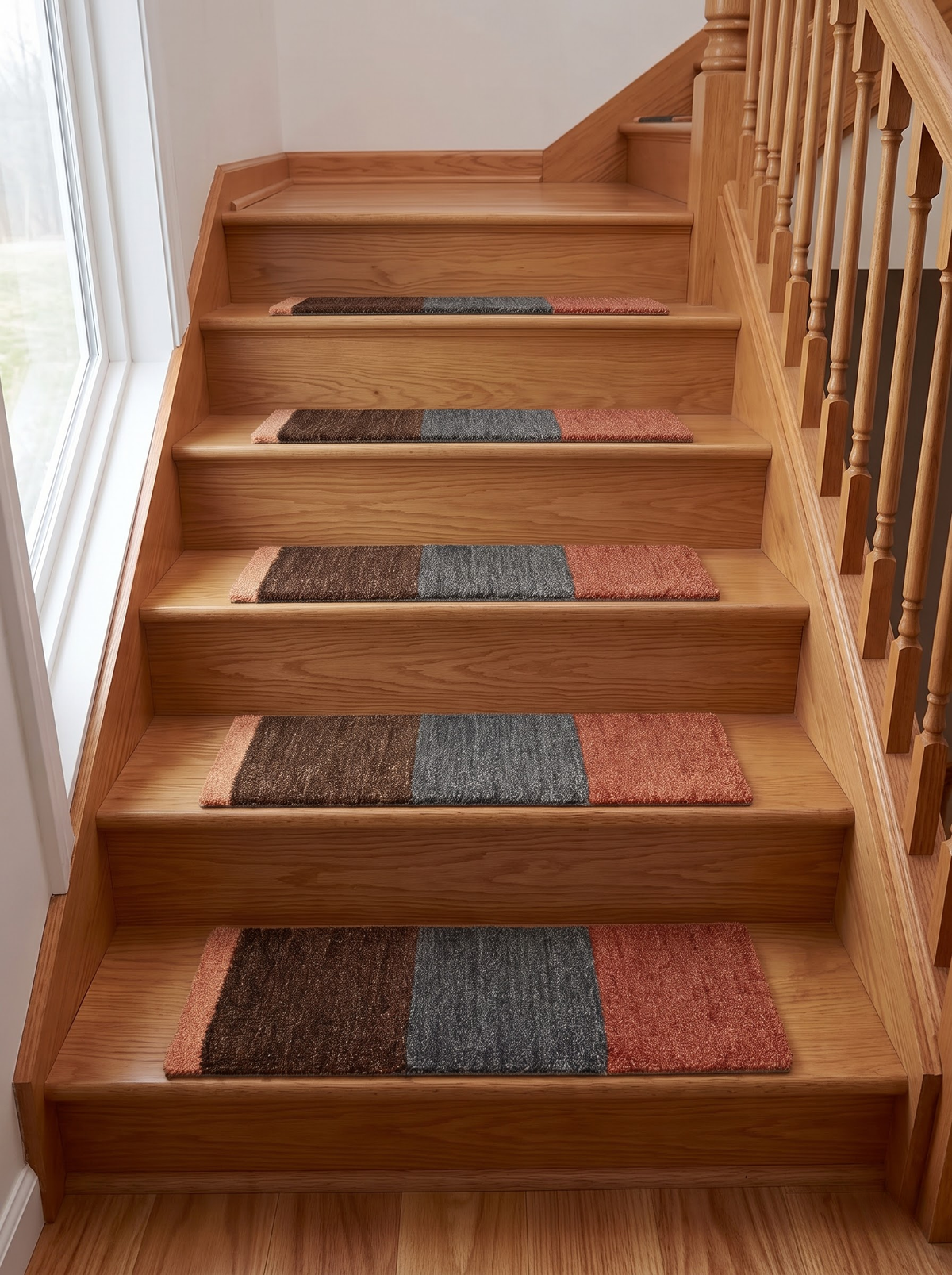Handwoven Wool Stair Step Mats, Deep Pile Design, Boho Clay Cocoa & Graphite