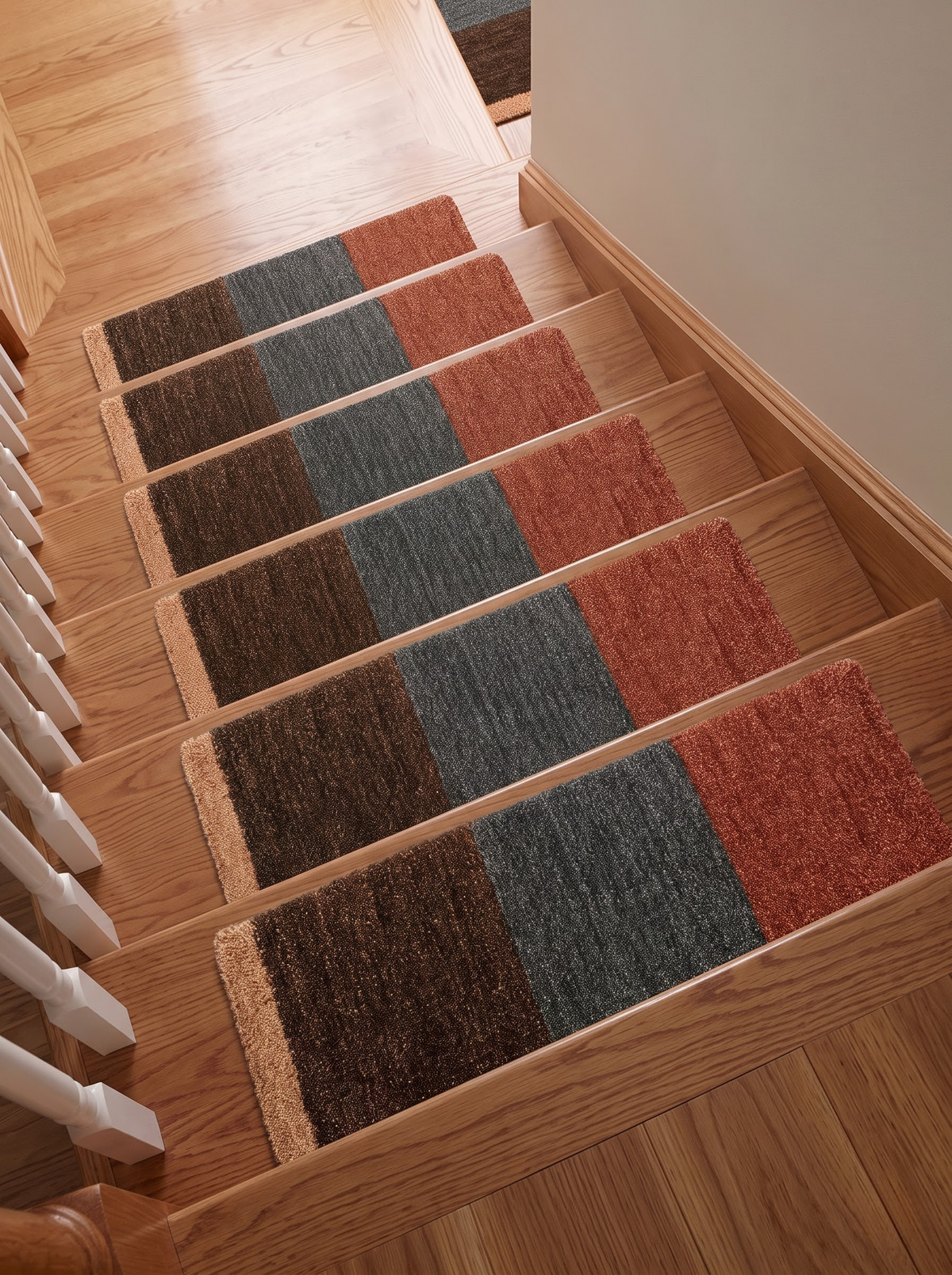 Handwoven Wool Stair Step Mats, Deep Pile Design, Boho Clay Cocoa & Graphite