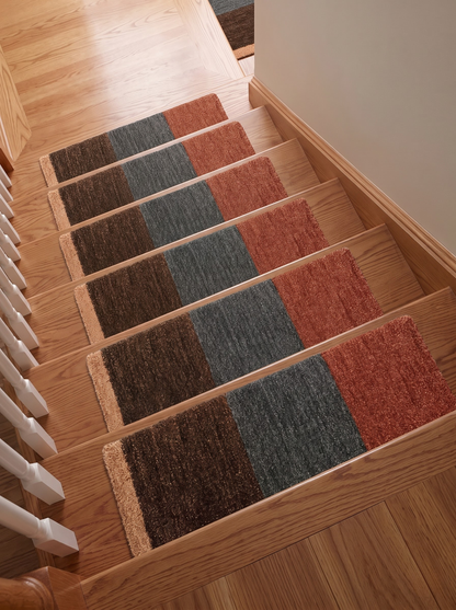Handwoven Wool Stair Step Mats, Deep Pile Design, Boho Clay Cocoa & Graphite