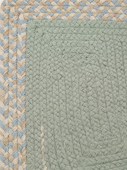 Handmade Eucalyptus Green Stair Treads, Braided Design with Tweed Border, Japandi Decor