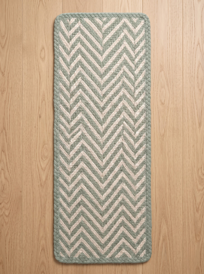 Celadon Green Handwoven Flame Stitch Stair Tread Mats, Rounded Corners, Cottage Style Decor