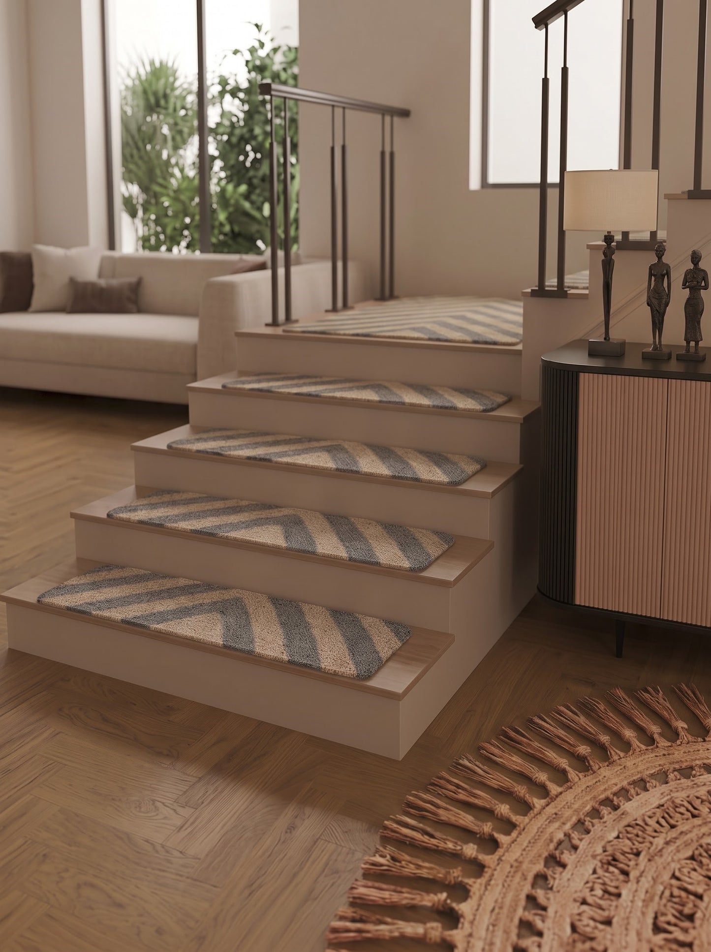 Grey Chevron Braided Jute Stair Treads, Natural Fiber Boho Farmhouse Carpet