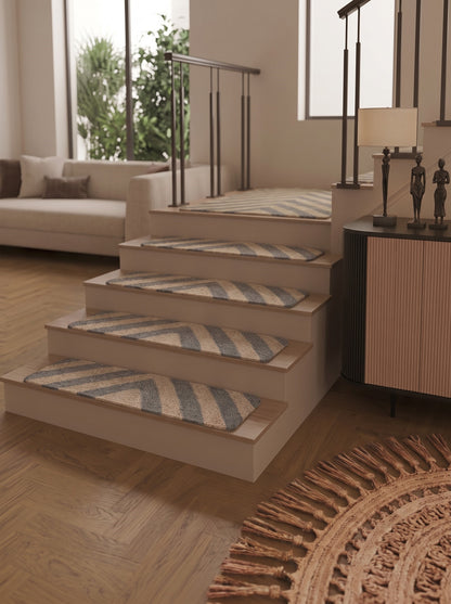 Grey Chevron Braided Jute Stair Treads, Natural Fiber Boho Farmhouse Carpet