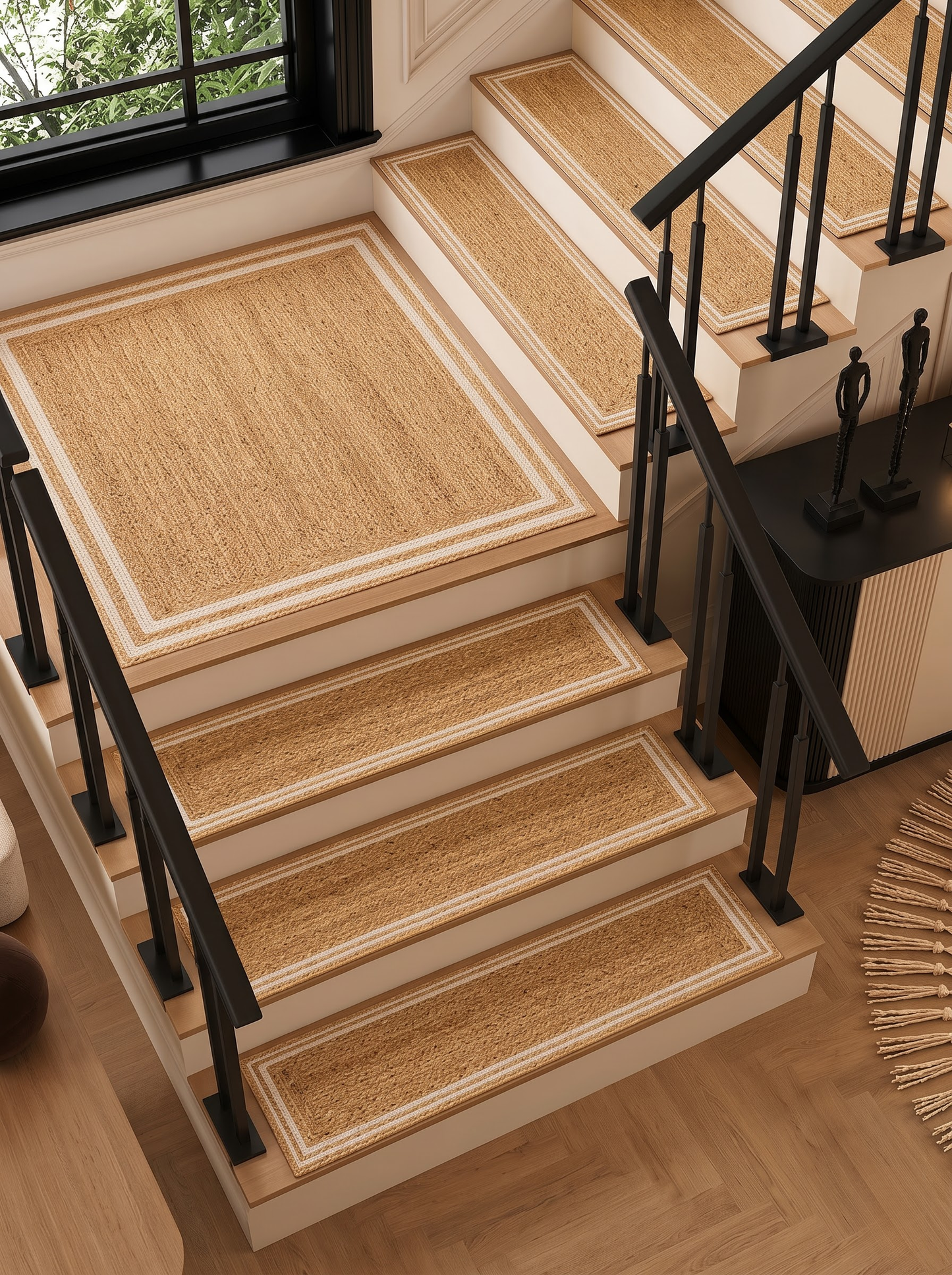 Natural jute stair mats with decorative cream borders installed on a wooden staircase in a home interior.