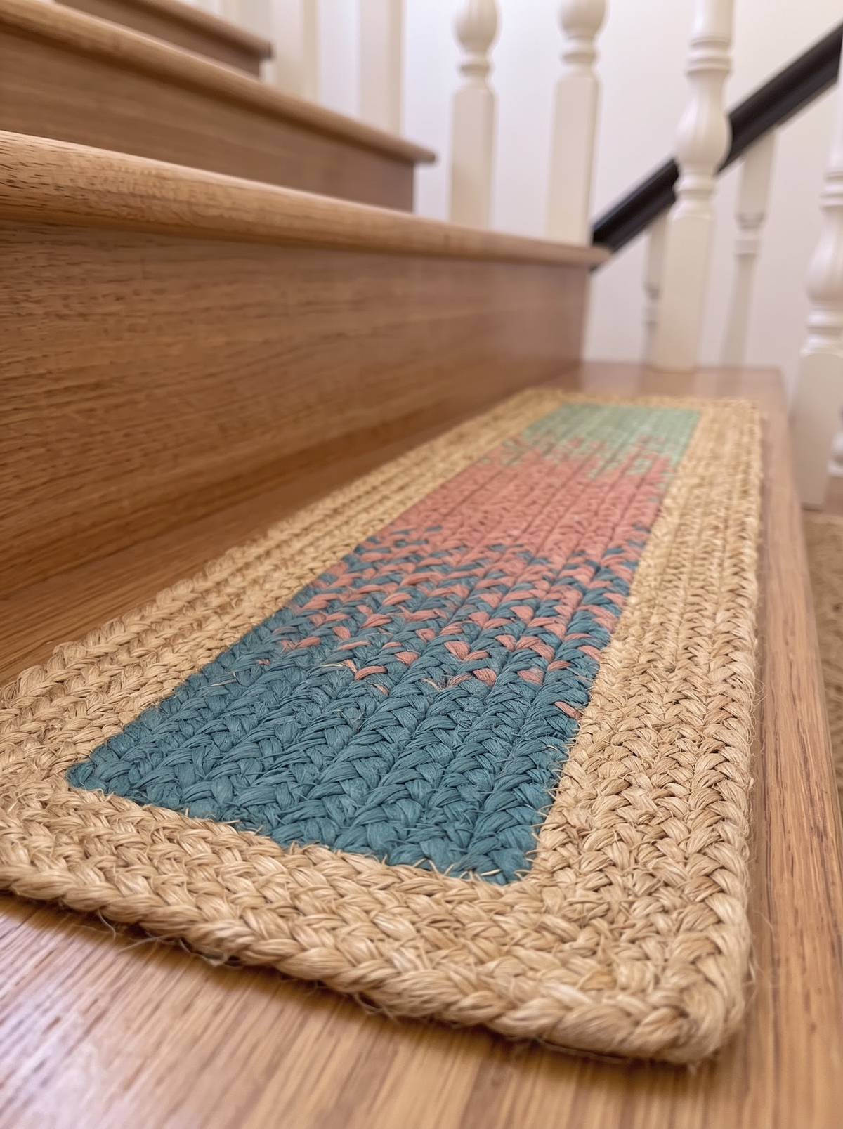 Handmade Braided Stair Treads, Sea Glass Rose Peacock Gradient Watercolor Fade Mats (Jute Border)