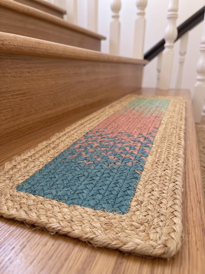 Handmade Braided Stair Treads, Sea Glass Rose Peacock Gradient Watercolor Fade Mats (Jute Border)