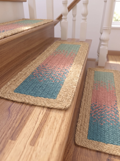 Handmade Braided Stair Treads, Sea Glass Rose Peacock Gradient Watercolor Fade Mats (Jute Border)